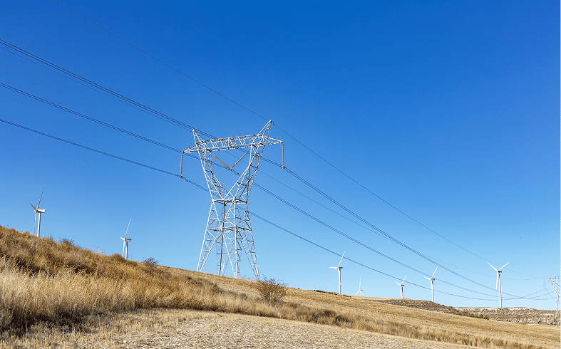 Renewable energy landscape with blue sky